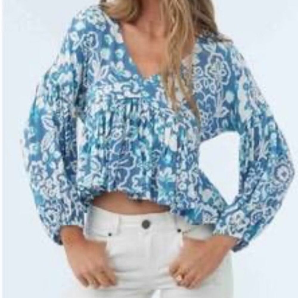 O'Neill Mary Christina Floral Cropped Boho Beach Top Blue Top size L